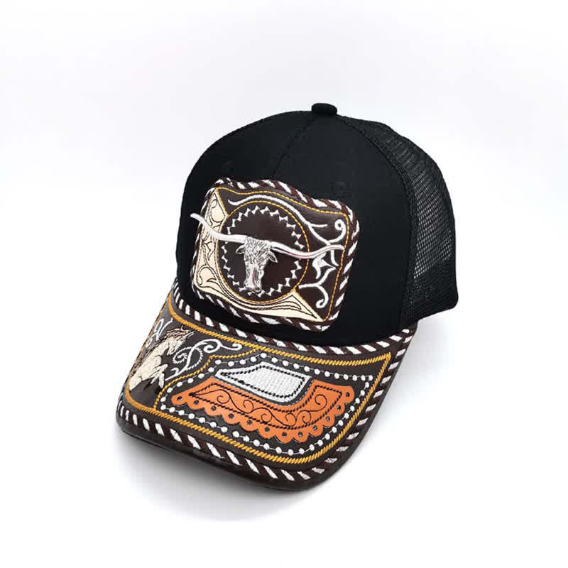 Gorra de camionero mexicana con estampado metálico 3D, estilo étnico occidental, color negro (Preventa) - Toro - Ajustable (aproximadamente 22"-23 5/8") - image 1
