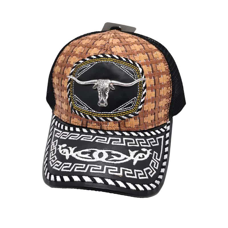 Gorra de camionero de malla étnica mexicana con patrón metálico 3D y tejido marrón (Preventa) - Toro - M (22"-22 7/8") - image 1