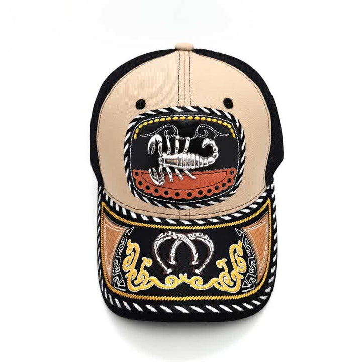 Gorra de camionero de malla étnica mexicana con bordado beige y decoración metálica 3D (Preventa) - Escorpión - Ajustable (22"-23 5/8") - image 10