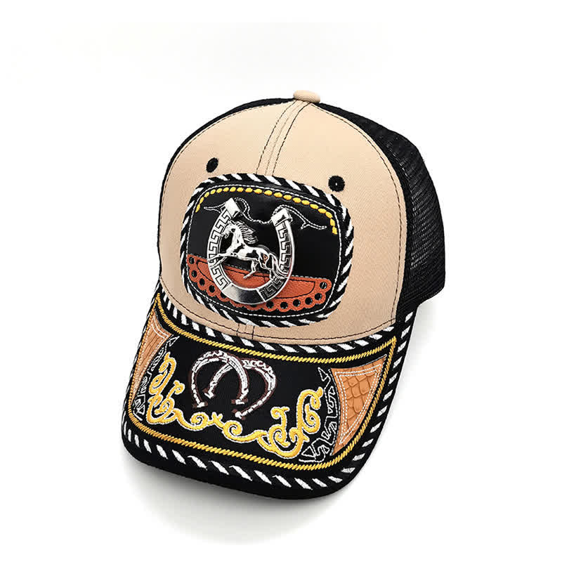 Gorra de camionero de malla étnica mexicana con bordado beige y decoración metálica 3D (Preventa) - Herradura - Ajustable (22"-23 5/8") - image 1