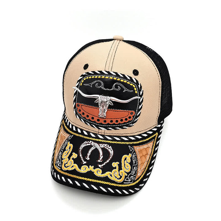 Gorra de camionero de malla étnica mexicana con bordado beige y decoración metálica 3D (Preventa) - Toro - Ajustable (22"-23 5/8") - image 4