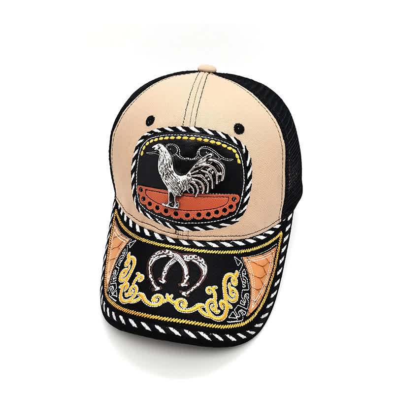 Gorra de camionero de malla étnica mexicana con bordado beige y decoración metálica 3D (Preventa) - Gallo - Ajustable (22"-23 5/8") - image 8