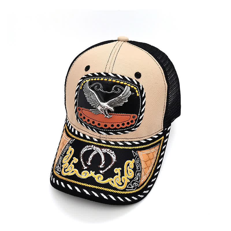 Gorra de camionero de malla étnica mexicana con bordado beige y decoración metálica 3D (Preventa) - Águila - Ajustable (22"-23 5/8") - image 6