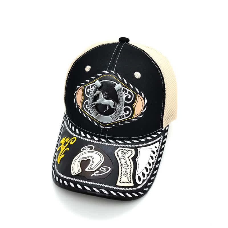 Gorra de camionero de malla beige étnica mexicana con decoración metálica 3D negra (Preventa) - Herradura - Ajustable (aproximadamente 22"-23 5/8") - image 12