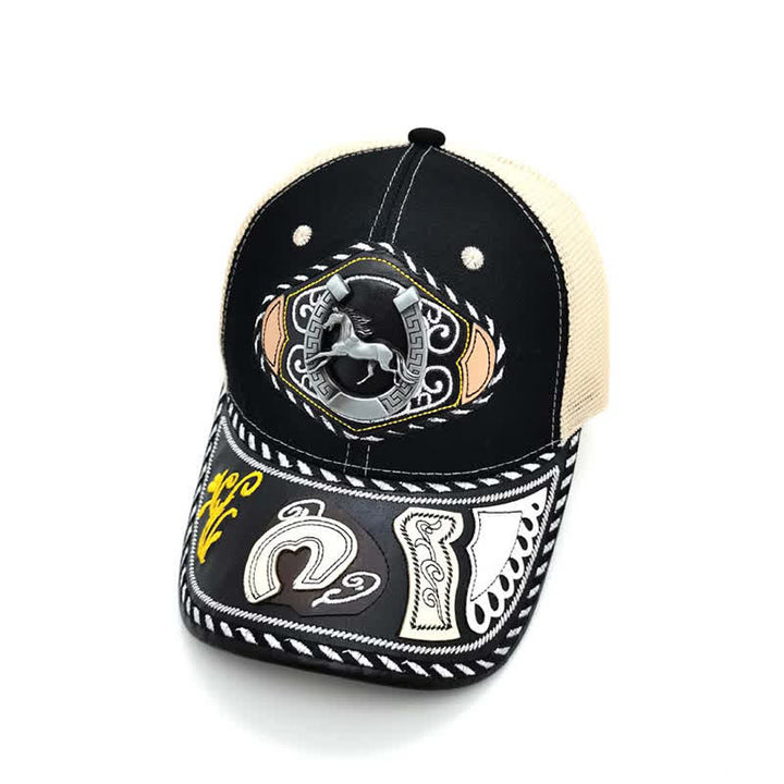 Gorra de camionero de malla beige étnica mexicana con decoración metálica 3D negra (Preventa) - Herradura - Ajustable (aproximadamente 22"-23 5/8") - image 12