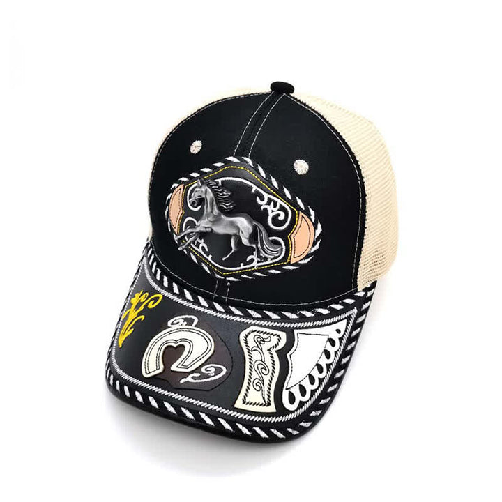 Gorra de camionero de malla beige étnica mexicana con decoración metálica 3D negra (Preventa) - Caballo - Ajustable (aproximadamente 22"-23 5/8") - image 4