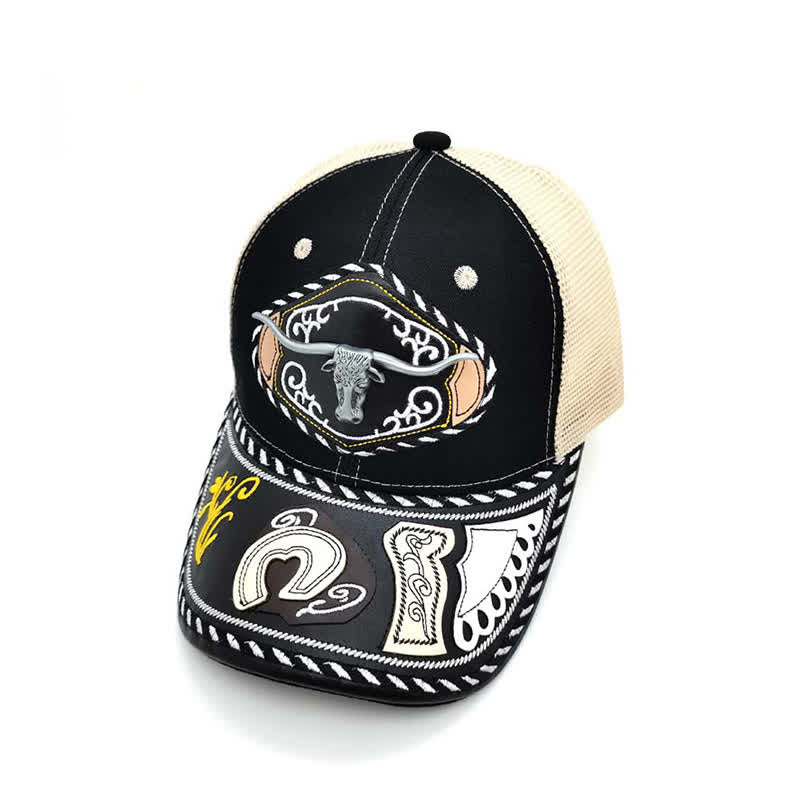 Gorra de camionero de malla beige étnica mexicana con decoración metálica 3D negra (Preventa) - Toro - Ajustable (aproximadamente 22"-23 5/8") - image 1
