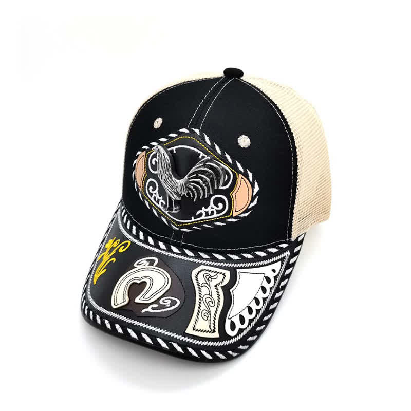 Gorra de camionero de malla beige étnica mexicana con decoración metálica 3D negra (Preventa) - Gallo - Ajustable (aproximadamente 22"-23 5/8") - image 6
