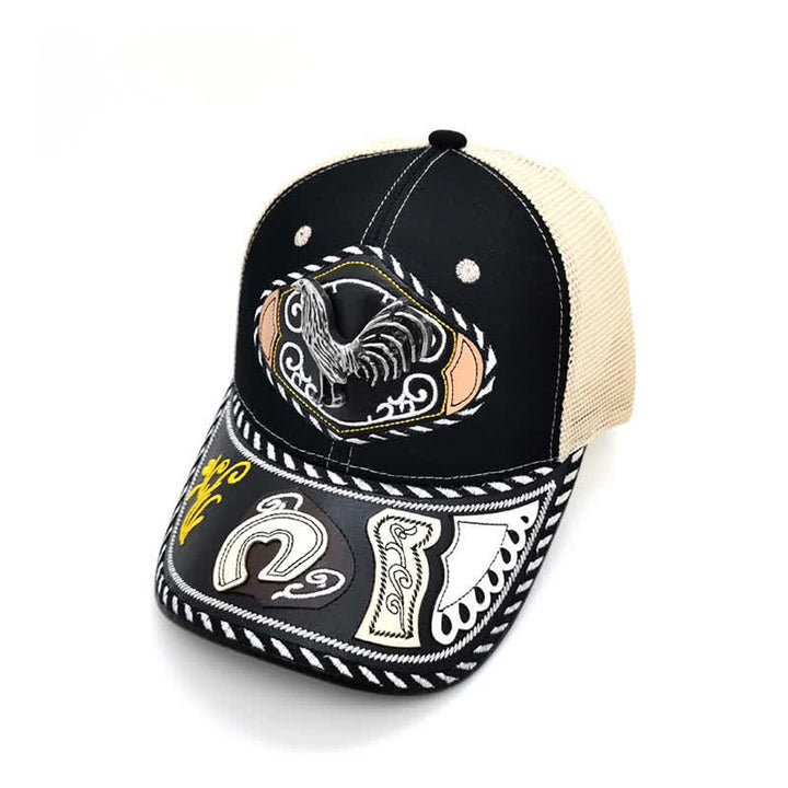 Gorra de camionero de malla beige étnica mexicana con decoración metálica 3D negra (Preventa) - Gallo - Ajustable (aproximadamente 22"-23 5/8") - image 6