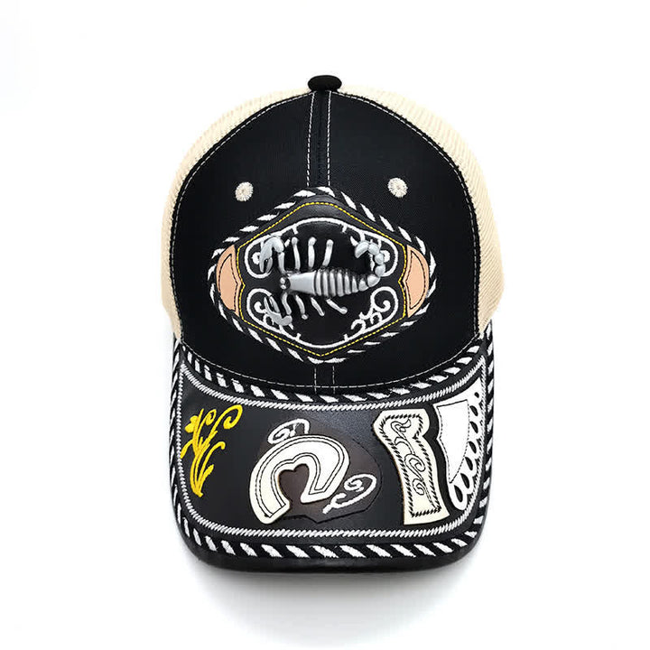 Gorra de camionero de malla beige étnica mexicana con decoración metálica 3D negra (Preventa) - Escorpión - Ajustable (aproximadamente 22"-23 5/8") - image 9