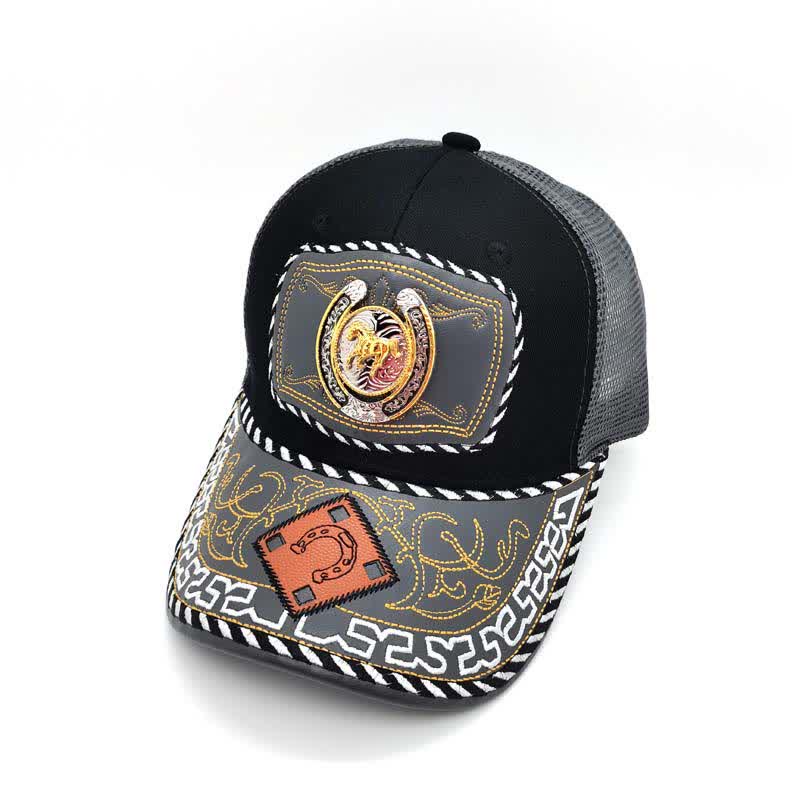 Gorra de camionero de malla gris mexicana étnica con decoración de metal en forma de herradura dorada en 3D (Preventa) - Caballo - Ajustable (aproximadamente 22"-23 5/8") - image 1
