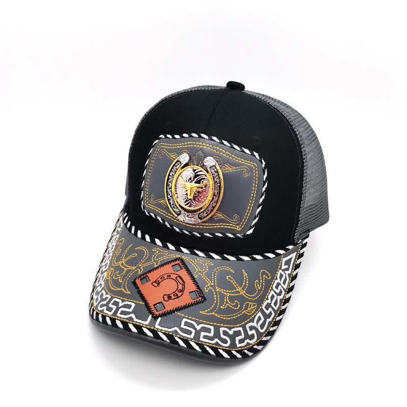 Gorra de camionero de malla gris mexicana étnica con decoración de metal en forma de herradura dorada en 3D (Preventa) - Toro - Ajustable (aproximadamente 22"-23 5/8") - image 3