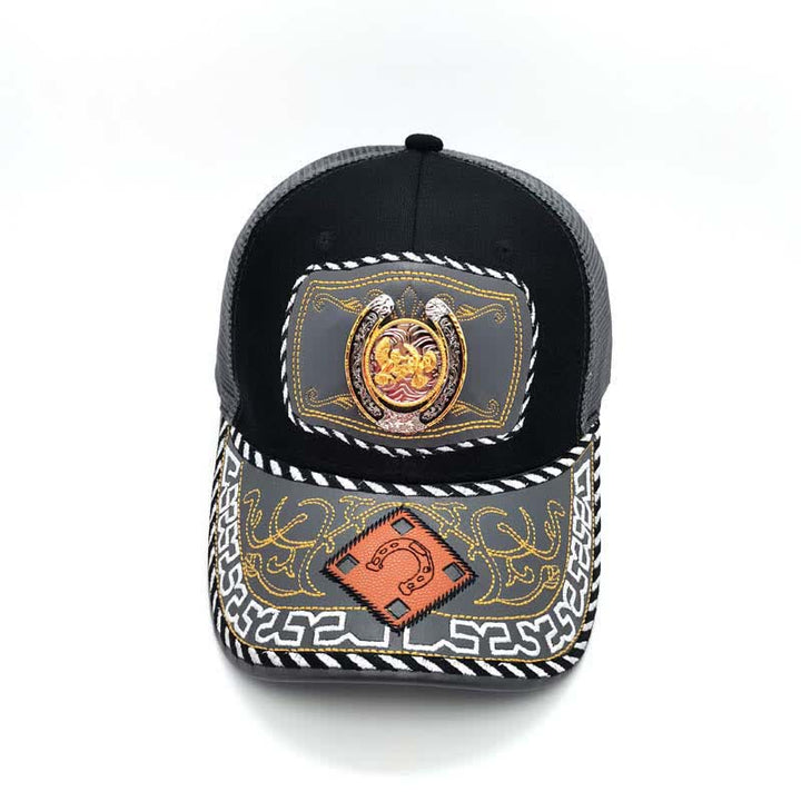 Gorra de camionero de malla gris mexicana étnica con decoración de metal en forma de herradura dorada en 3D (Preventa) - image 8