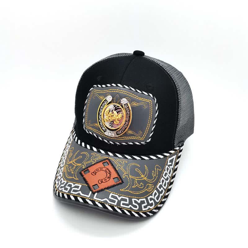 Gorra de camionero de malla gris mexicana étnica con decoración de metal en forma de herradura dorada en 3D (Preventa) - Aves - Ajustable (aproximadamente 22"-23 5/8") - image 7