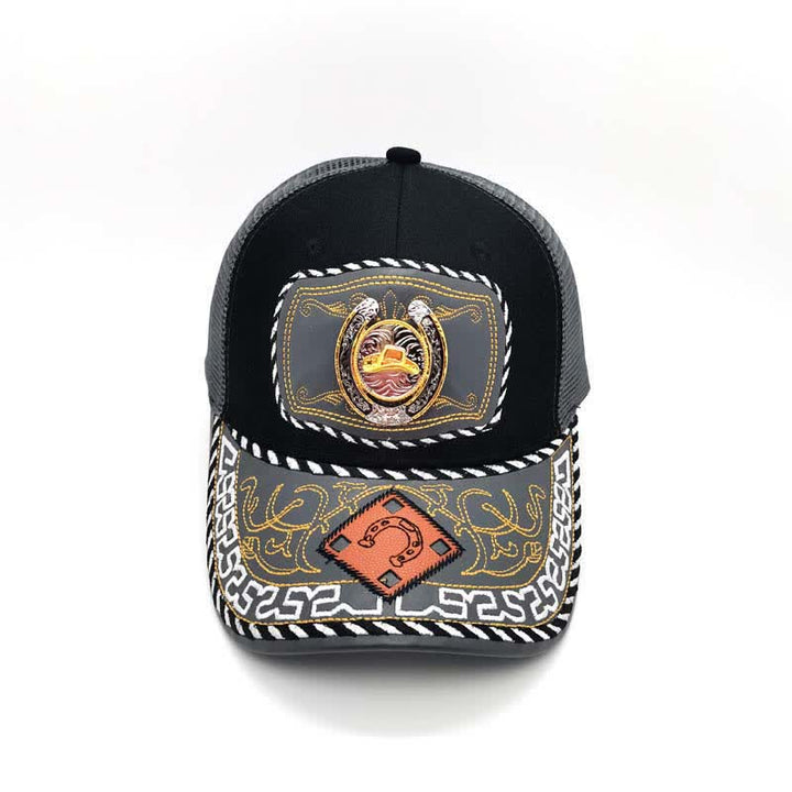 Gorra de camionero de malla gris mexicana étnica con decoración de metal en forma de herradura dorada en 3D (Preventa) - image 12
