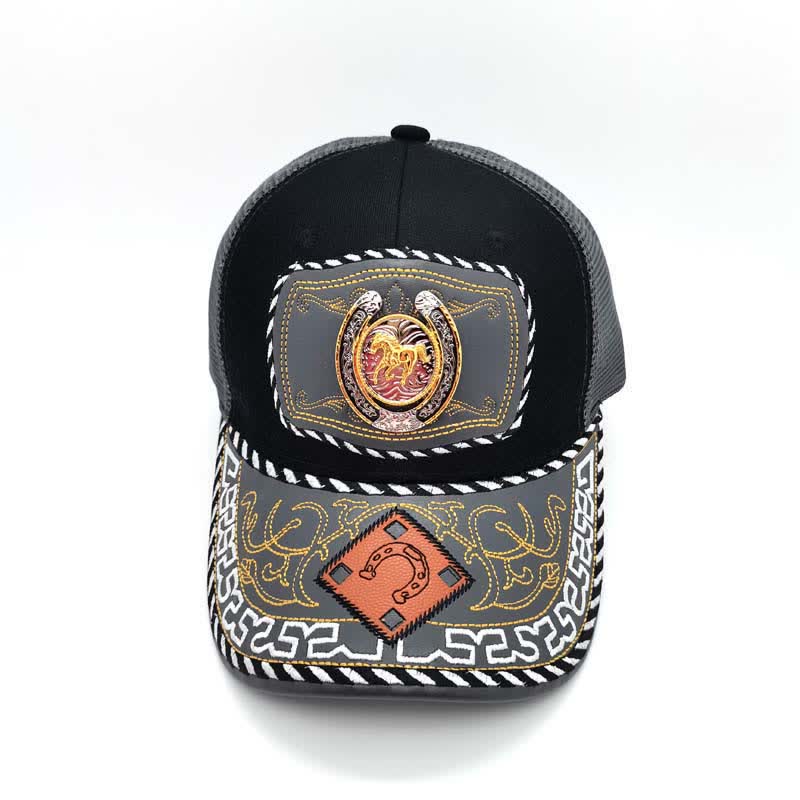 Gorra de camionero de malla gris mexicana étnica con decoración de metal en forma de herradura dorada en 3D (Preventa) - image 2