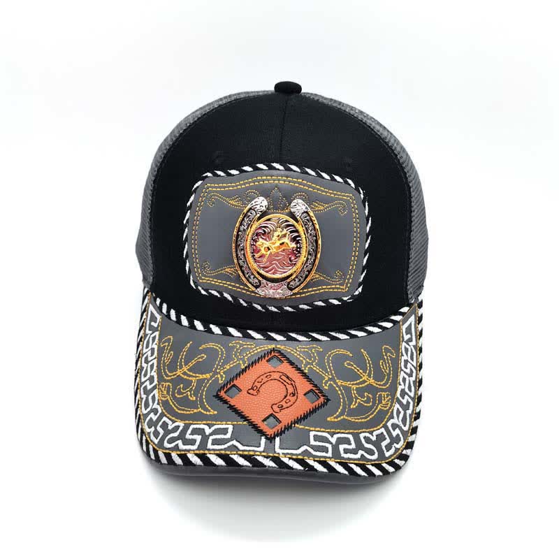 Gorra de camionero de malla gris mexicana étnica con decoración de metal en forma de herradura dorada en 3D (Preventa) - image 6