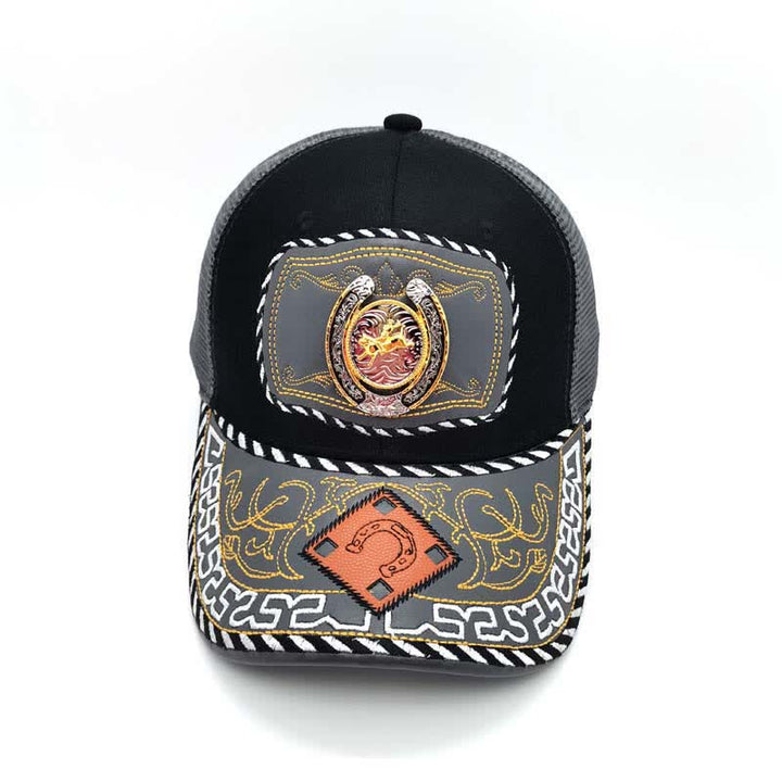 Gorra de camionero de malla gris mexicana étnica con decoración de metal en forma de herradura dorada en 3D (Preventa) - image 6