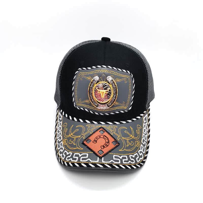 Gorra de camionero de malla gris mexicana étnica con decoración de metal en forma de herradura dorada en 3D (Preventa) - image 4