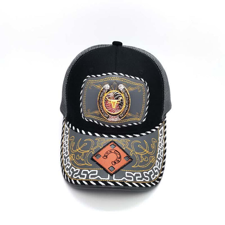 Gorra de camionero de malla gris mexicana étnica con decoración de metal en forma de herradura dorada en 3D (Preventa) - image 4