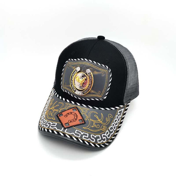 Gorra de camionero de malla gris mexicana étnica con decoración de metal en forma de herradura dorada en 3D (Preventa) - Gallo - Ajustable (aproximadamente 22"-23 5/8") - image 9