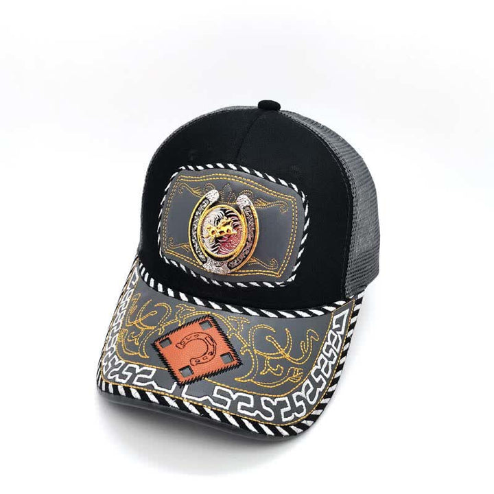 Gorra de camionero de malla gris mexicana étnica con decoración de metal en forma de herradura dorada en 3D (Preventa) - Caballo corriendo - Ajustable (aproximadamente 22"-23 5/8") - image 5