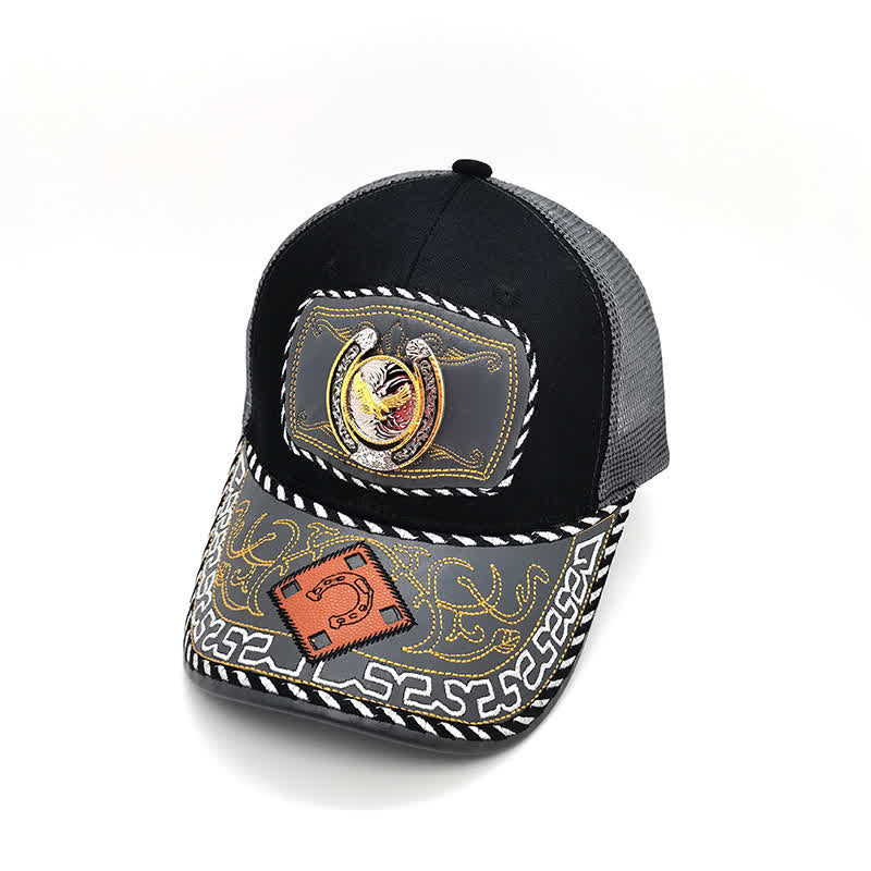 Gorra de camionero de malla gris mexicana étnica con decoración de metal en forma de herradura dorada en 3D (Preventa) - Águila - Ajustable (aproximadamente 22"-23 5/8") - image 13