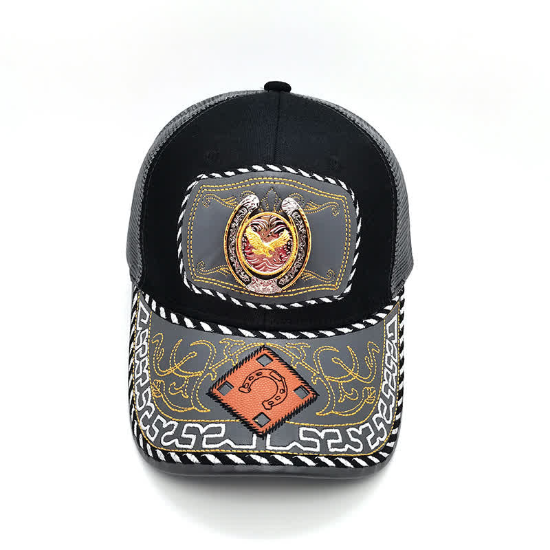 Gorra de camionero de malla gris mexicana étnica con decoración de metal en forma de herradura dorada en 3D (Preventa) - image 14