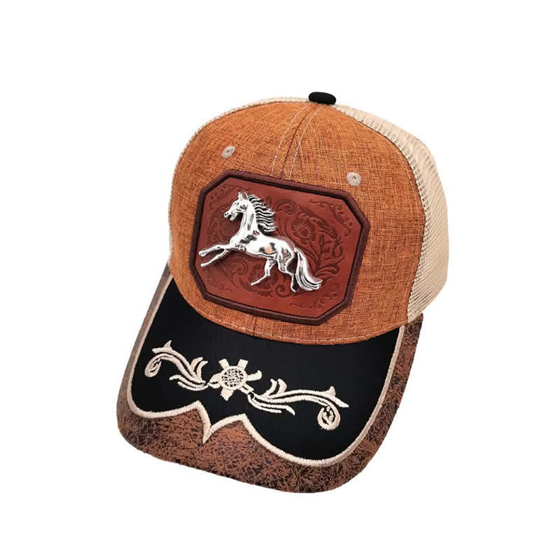 Gorra de malla bordada estilo Westerman con decoración de caballo en metal 3D plateado (Preventa) - Caqui - M (22"-22 7/8") - image 1