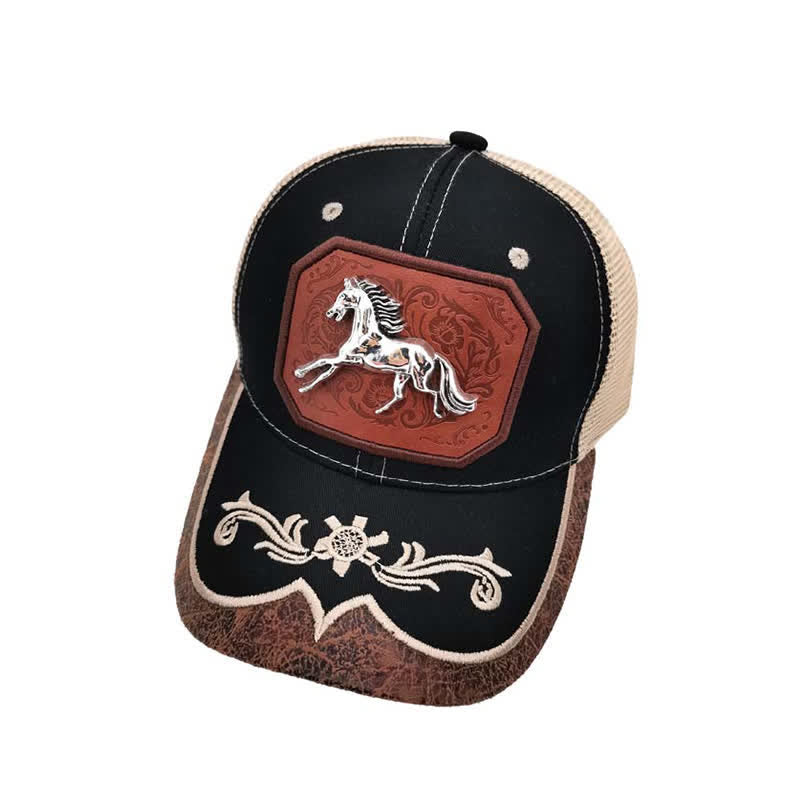 Gorra de malla bordada estilo Westerman con decoración de caballo en metal 3D plateado (Preventa) - Negro - M (22"-22 7/8") - image 5