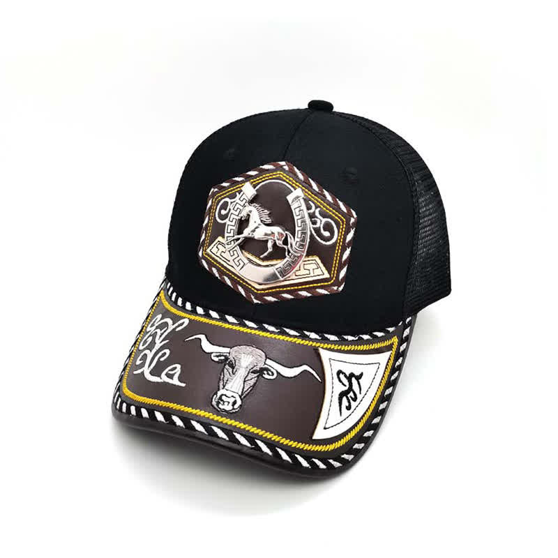 Gorra de camionero de malla negra con bordado Westerman, decoración metálica 3D plateada (Preventa) - Herradura - Ajustable (aproximadamente 22"-23 5/8") - image 1