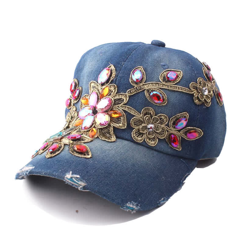 Gorra de béisbol ajustable con bordado floral de flores y cristales con lentejuelas - Azul oscuro - Ajustable (aproximadamente 21 5/8"-22 7/8") - image 1