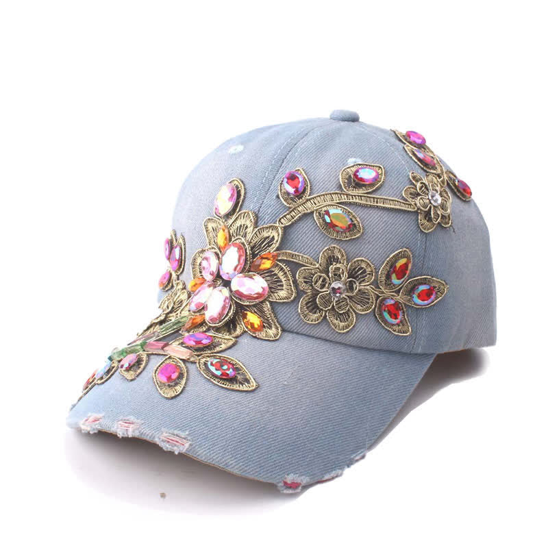 Gorra de béisbol ajustable con bordado floral de flores y cristales con lentejuelas - Azul claro - Ajustable (aproximadamente 21 5/8"-22 7/8") - image 2