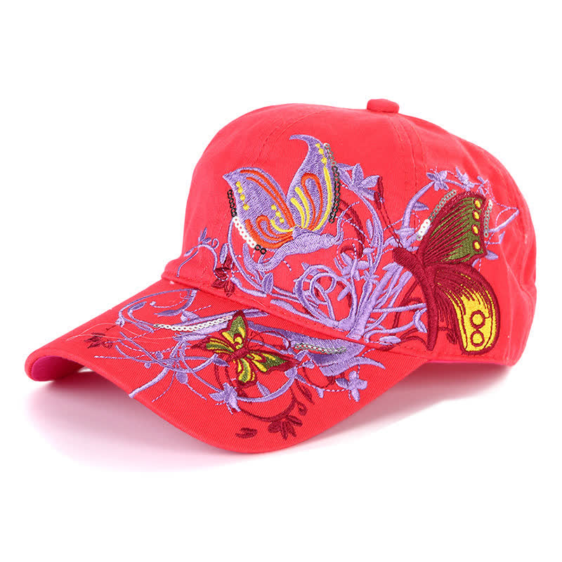 Gorra de béisbol ajustable con bordado floral de mariposa - Rojo - Ajustable (aproximadamente 21 5/8"-22 7/8") - image 2