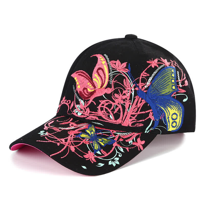Gorra de béisbol ajustable con bordado floral de mariposa - Negro - Ajustable (aproximadamente 21 5/8"-22 7/8") - image 1