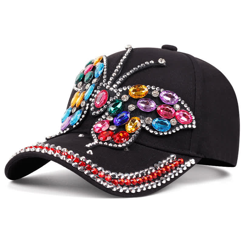 Gorra de béisbol ajustable con mariposa y brillantes diamantes de imitación - Negro - Ajustable (aproximadamente 21 5/8"-22 7/8") - image 1