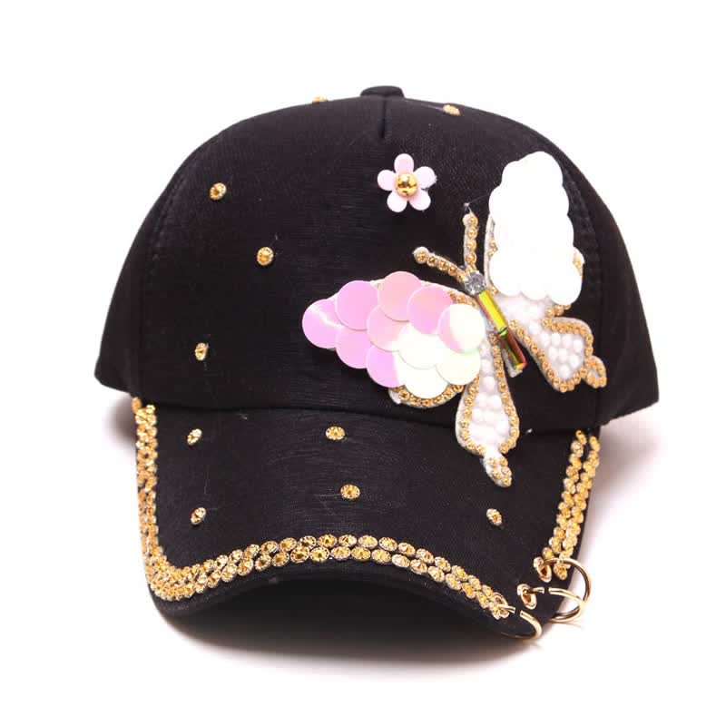 Gorra de béisbol ajustable con mariposa y lentejuelas rosas - image 2