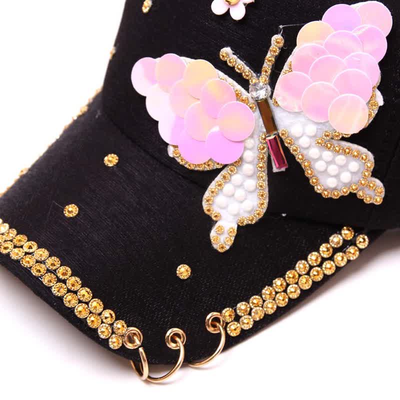 Gorra de béisbol ajustable con mariposa y lentejuelas rosas - image 3