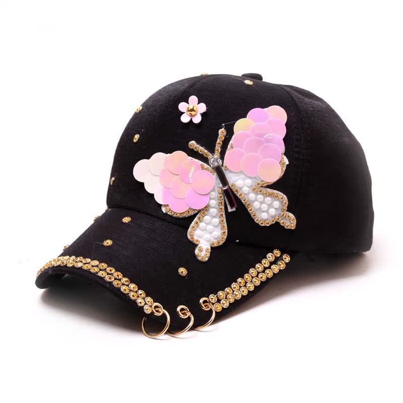 Gorra de béisbol ajustable con mariposa y lentejuelas rosas - Negro - Ajustable (aproximadamente 21 5/8"-22 7/8") - image 1