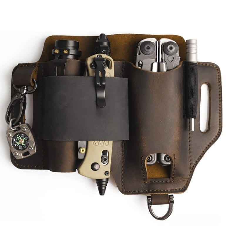 Funda de almacenamiento para herramientas EDC, cuchillo plegable, linterna, bolsa de cuero para cinturón - Marrón - image 1