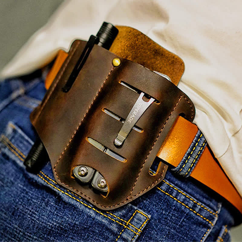 Funda de almacenamiento para herramientas EDC, cuchillo plegable, linterna, bolsa de cuero para cinturón - Marrón oscuro - image 1