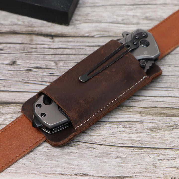 Bolsa de cinturón de cuero con funda para cuchillo plegable horizontal con apertura inferior - Marrón oscuro - image 11