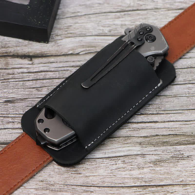 Bolsa de cinturón de cuero con funda para cuchillo plegable horizontal con apertura inferior - Negro - image 7