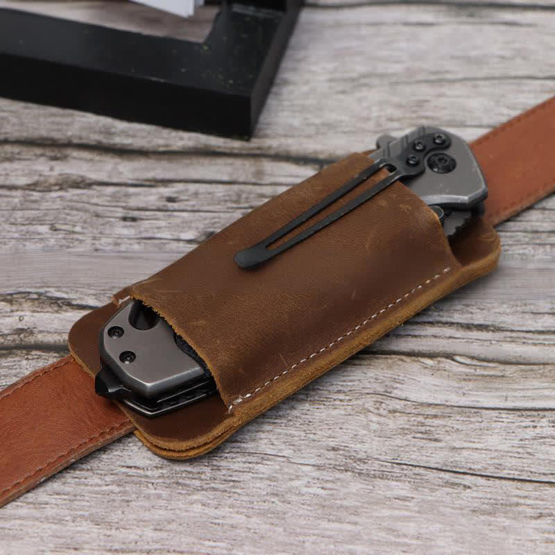 Bolsa de cinturón de cuero con funda para cuchillo plegable horizontal con apertura inferior - Marrón - image 1