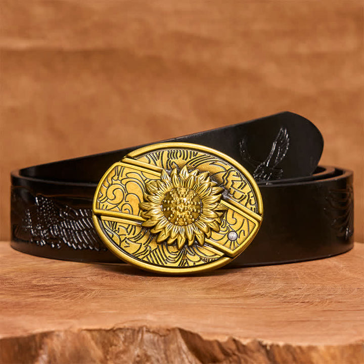 Cinturón de cuero con navaja plegable oculta de bronce con diseño de girasol para hombre - Girasol - Cinturón de águila negra en relieve - 42 - image 7