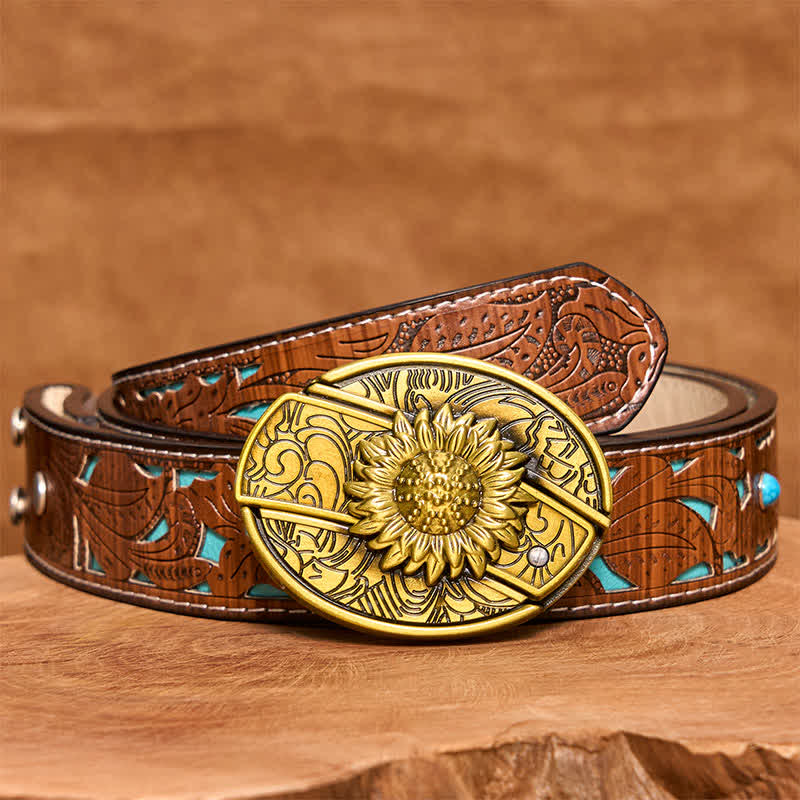Cinturón de cuero con navaja plegable oculta de bronce con diseño de girasol para hombre - Girasol - Cinturón tallado en turquesa - 42 - image 6