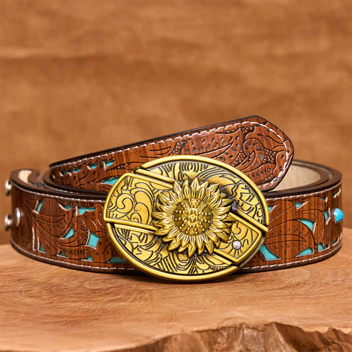 Cinturón de cuero con navaja plegable oculta de bronce con diseño de girasol para hombre - Girasol - Cinturón tallado en turquesa - 42 - image 6