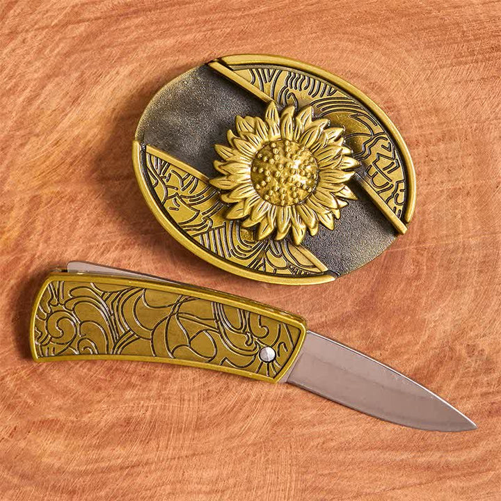 Cinturón de cuero con navaja plegable oculta de bronce con diseño de girasol para hombre - image 2