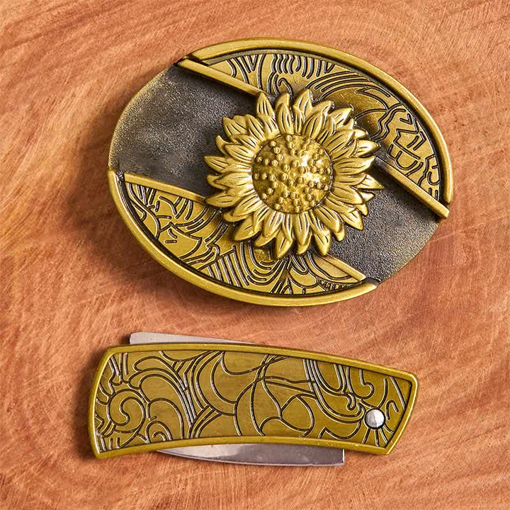Cinturón de cuero con navaja plegable oculta de bronce con diseño de girasol para hombre - image 3