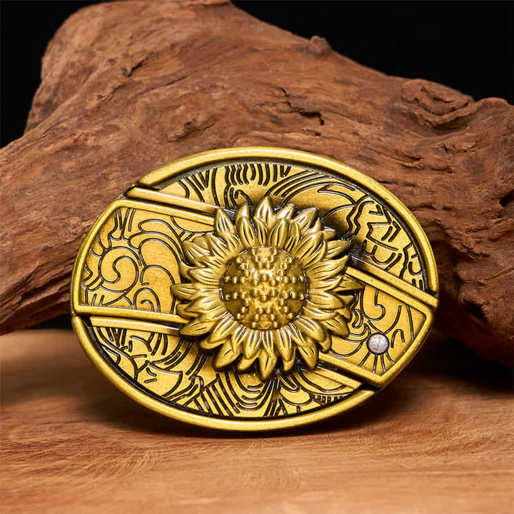 Cinturón de cuero con navaja plegable oculta de bronce con diseño de girasol para hombre - Girasol - Sin cinturón - Cinturón no incluido - image 1